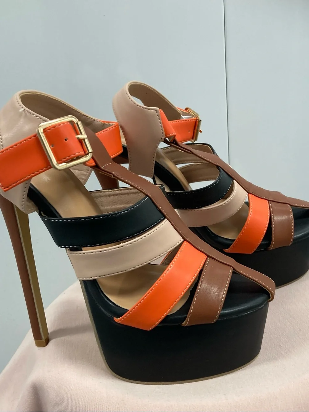 Multi-Color Platform Strappy Sandals - Orange, Brown, Black, Cream